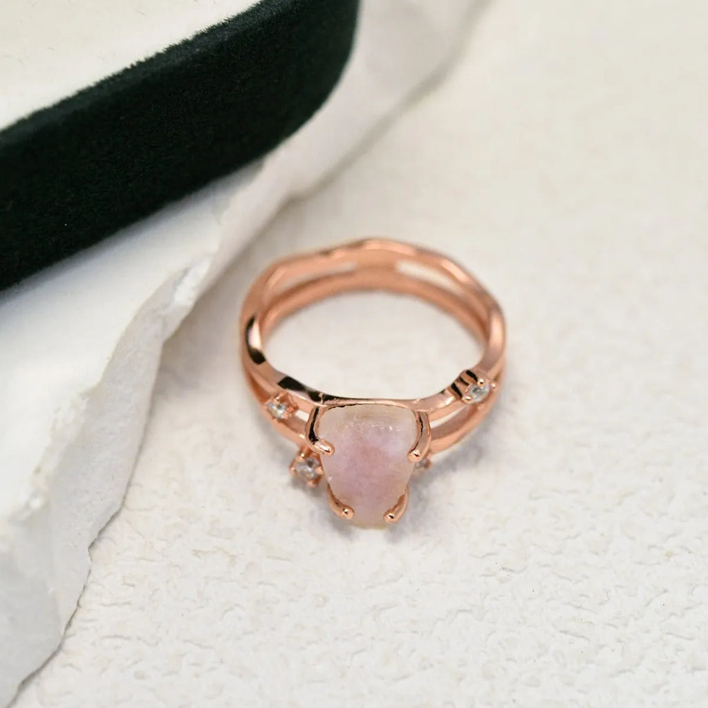 S925 silver geometric ring with irregular triangle design and moonstone detail in rose gold electroplating