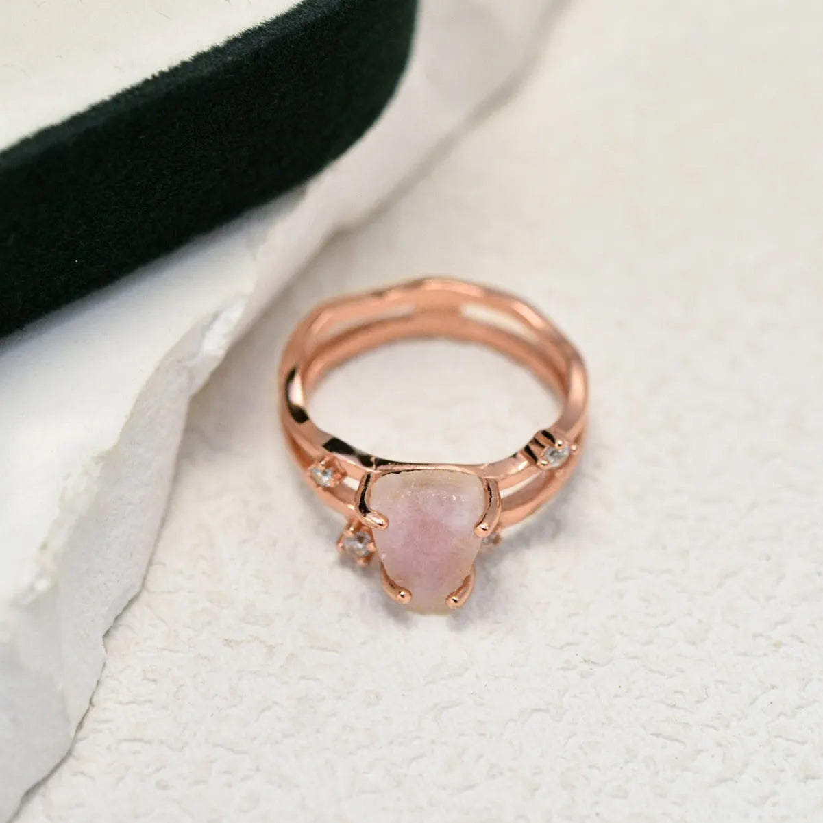 S925 silver geometric ring with irregular triangle design and moonstone detail in rose gold electroplating