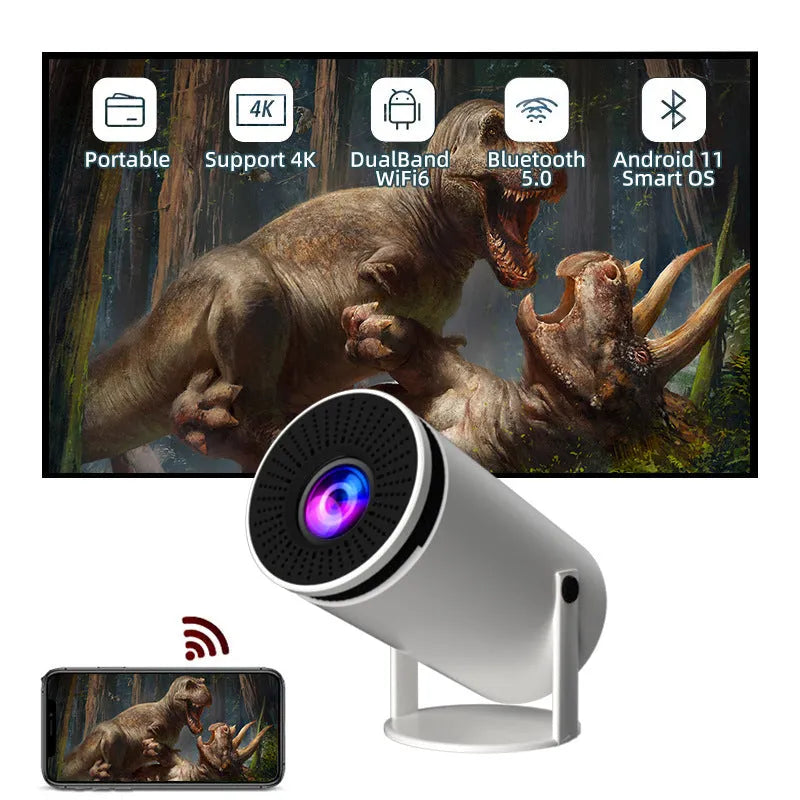 White barrel-shaped Hy300 smart projector with 720p 120ANSI resolution for home cinema