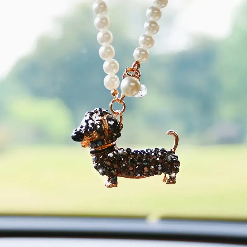 Diamond-embedded dachshund hanging car rearview mirror pendant in alloy light luxury style