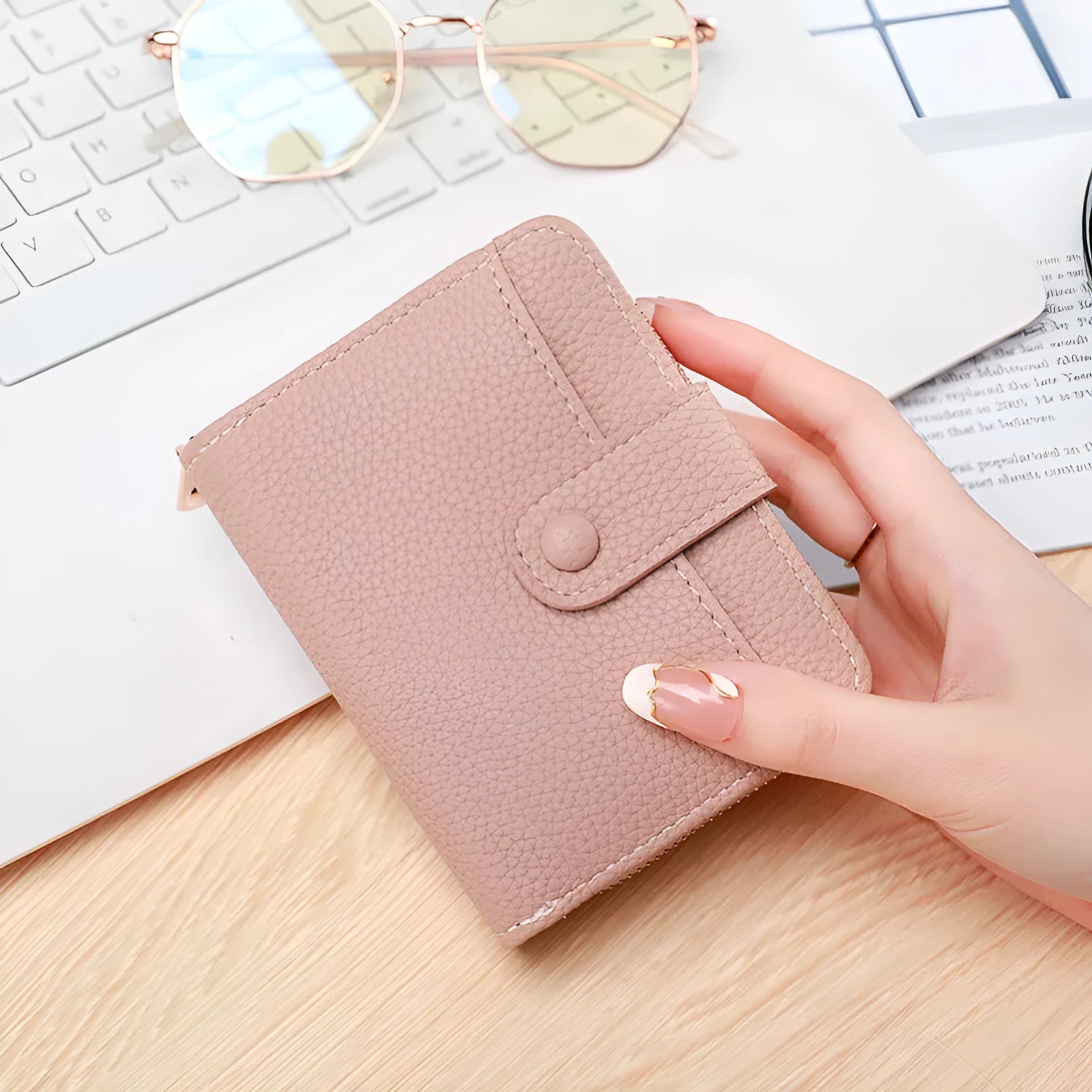 Ladies' short wallet with lychee pattern in beige, showing 2-fold design and card slots