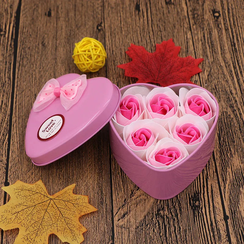 Soap flower gift box heart shaped tin box with bear figure red pink blue purple gradient handmade