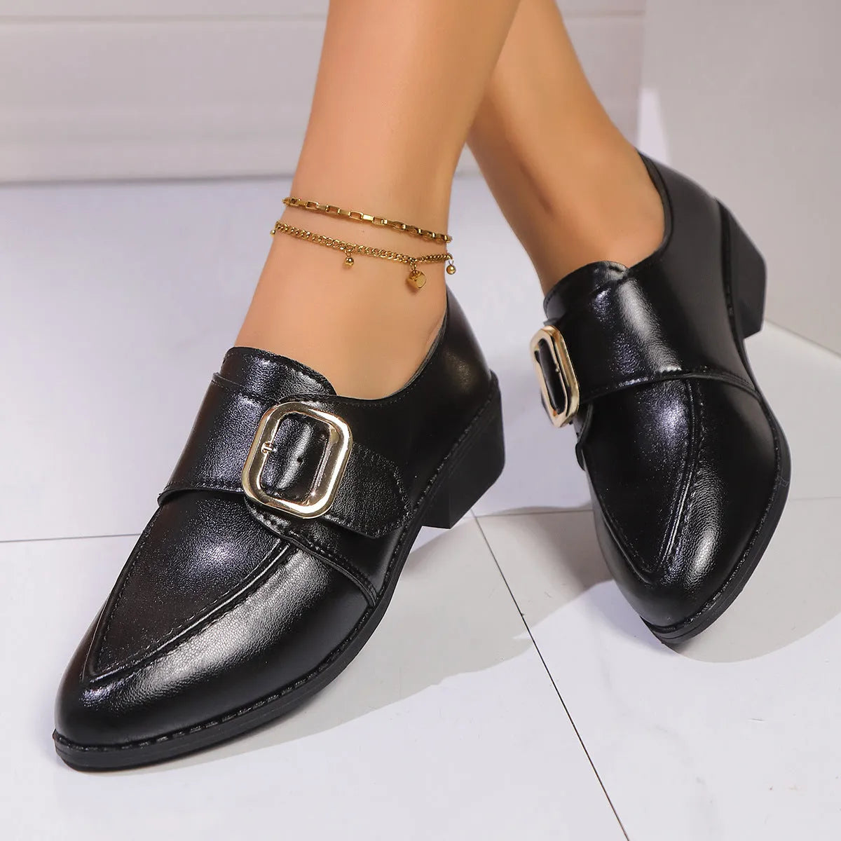 Women's British-style leather shoes with decorative bow, round toe, PU upper and rubber sole