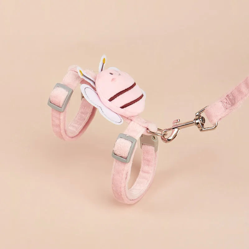 Bee-shaped cat harness and lead set in pink, yellow, and blue colours with adjustable strap
