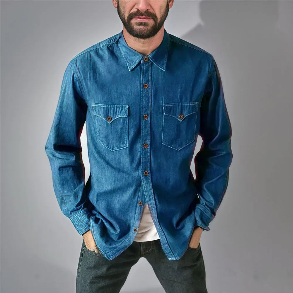 A man or woman wearing a regular-fit denim cardigan coat in khaki, showcasing button-front style.