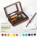 Mini walnut watercolour paint box with pigment sets and leather carrying bag