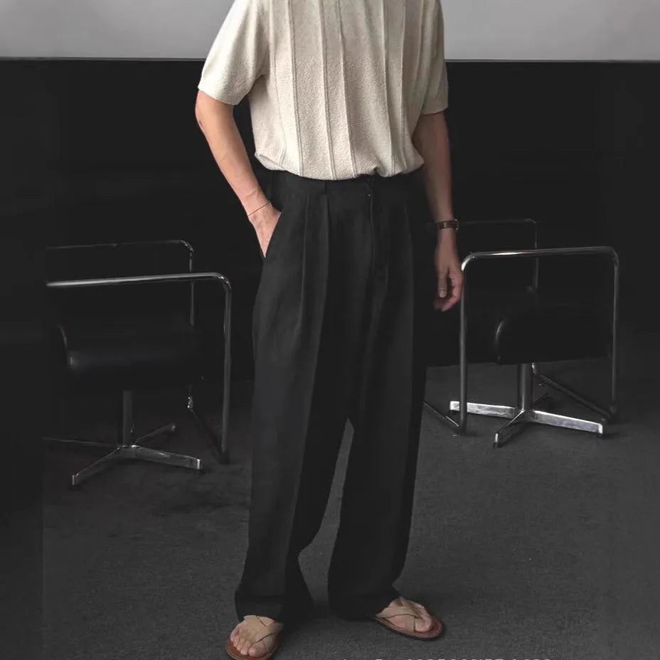 Men's cotton linen blend wide leg trousers in apricot, army green or purplish blue with micro-elastic waistband