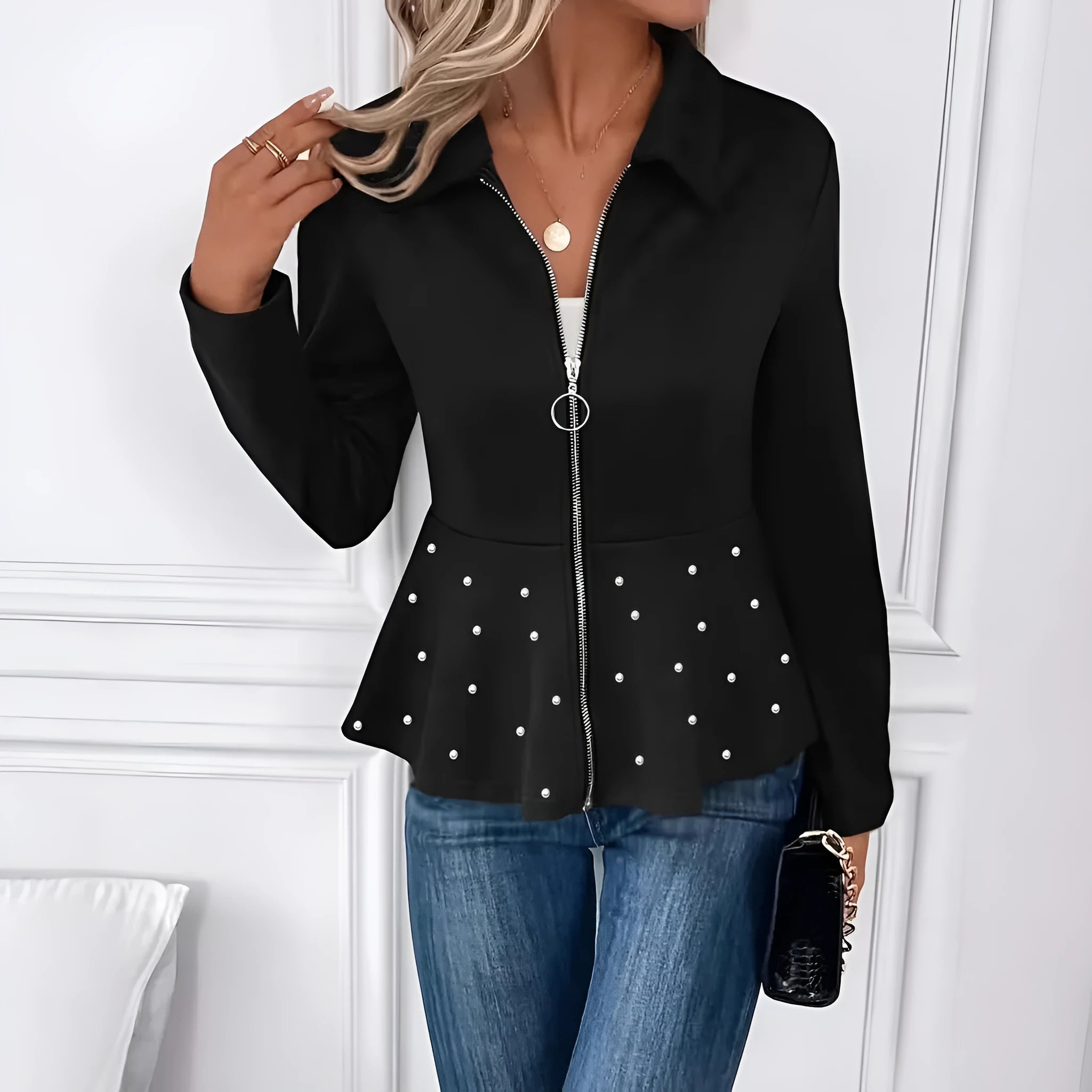 Women's black coat with heavy-duty zipper, beaded trim and ruffled hem in regenerated cellulose fibre blend
