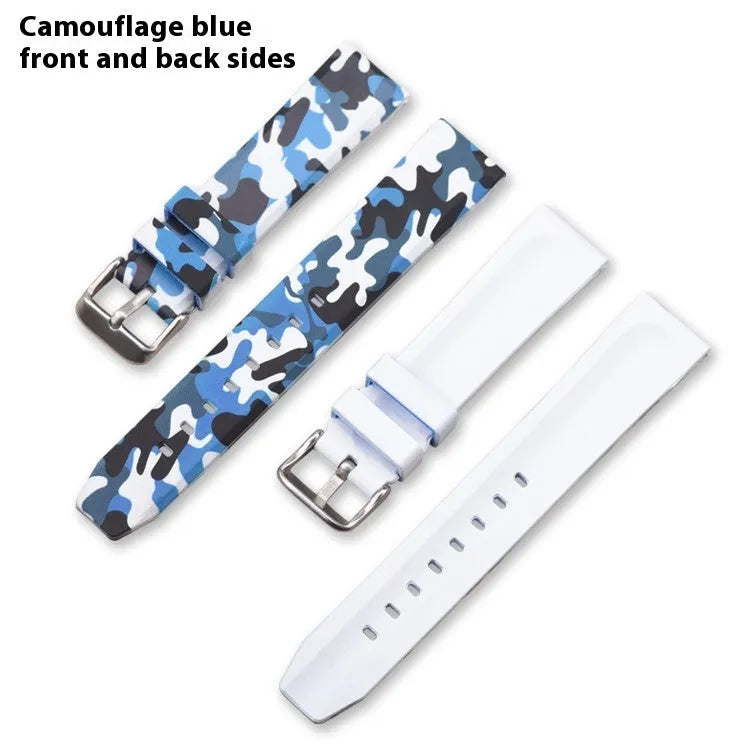 Camouflage silicone watch strap in green, blue and grey patterns for 20mm, 22mm and 24mm watch lugs