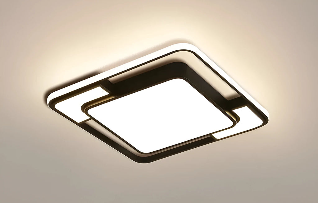 White square iron LED ceiling lamp measuring 42x42cm with integrated three-colour light source