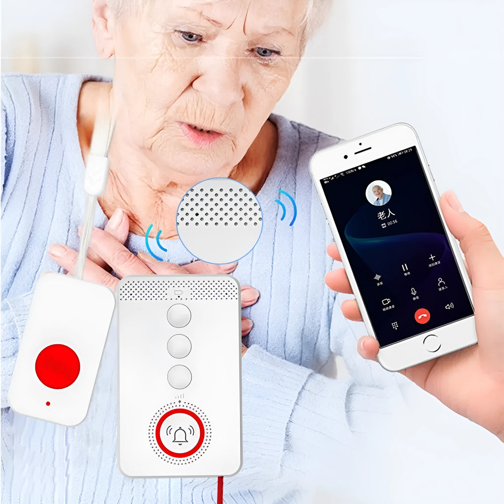 White wireless emergency alert system with buzzer and three emergency buttons for elderly safety