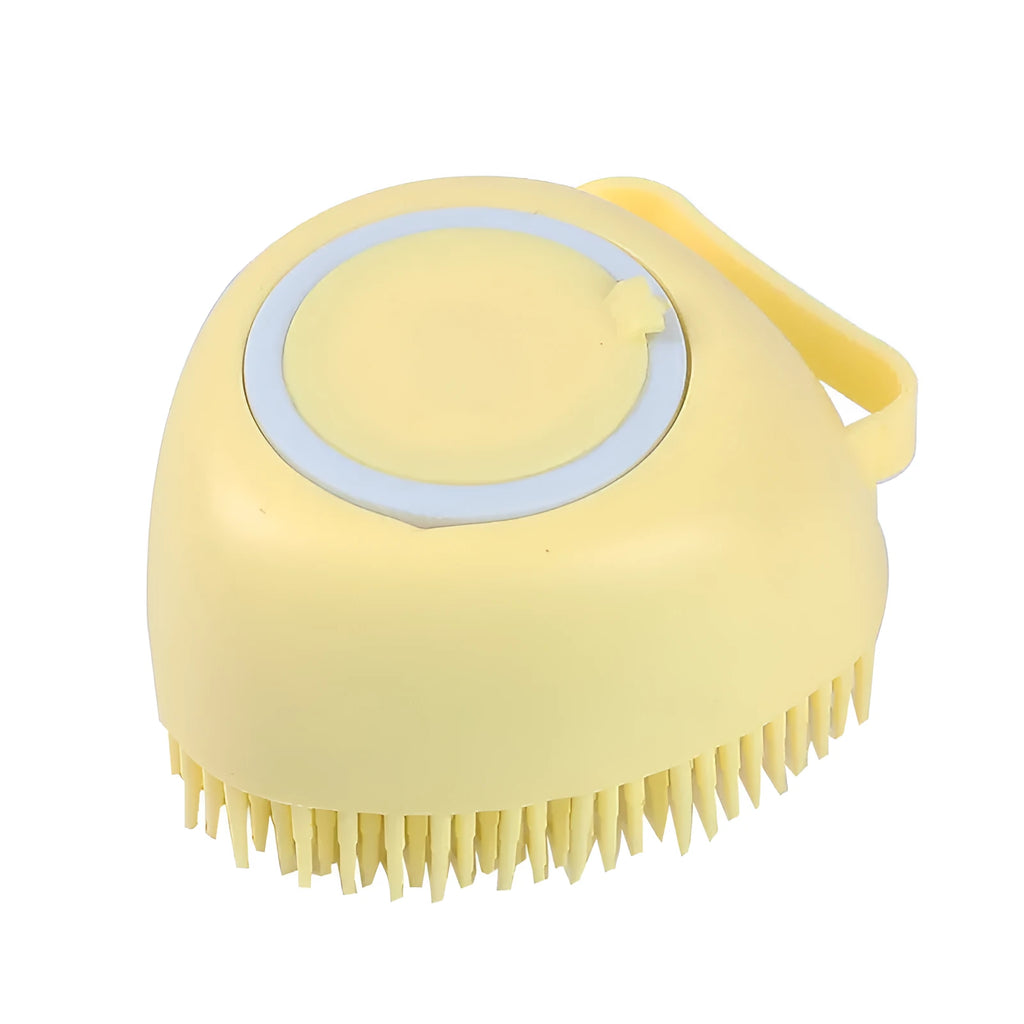 Blue silicone dog bath brush with rubber fingertips for pet grooming during bath time
