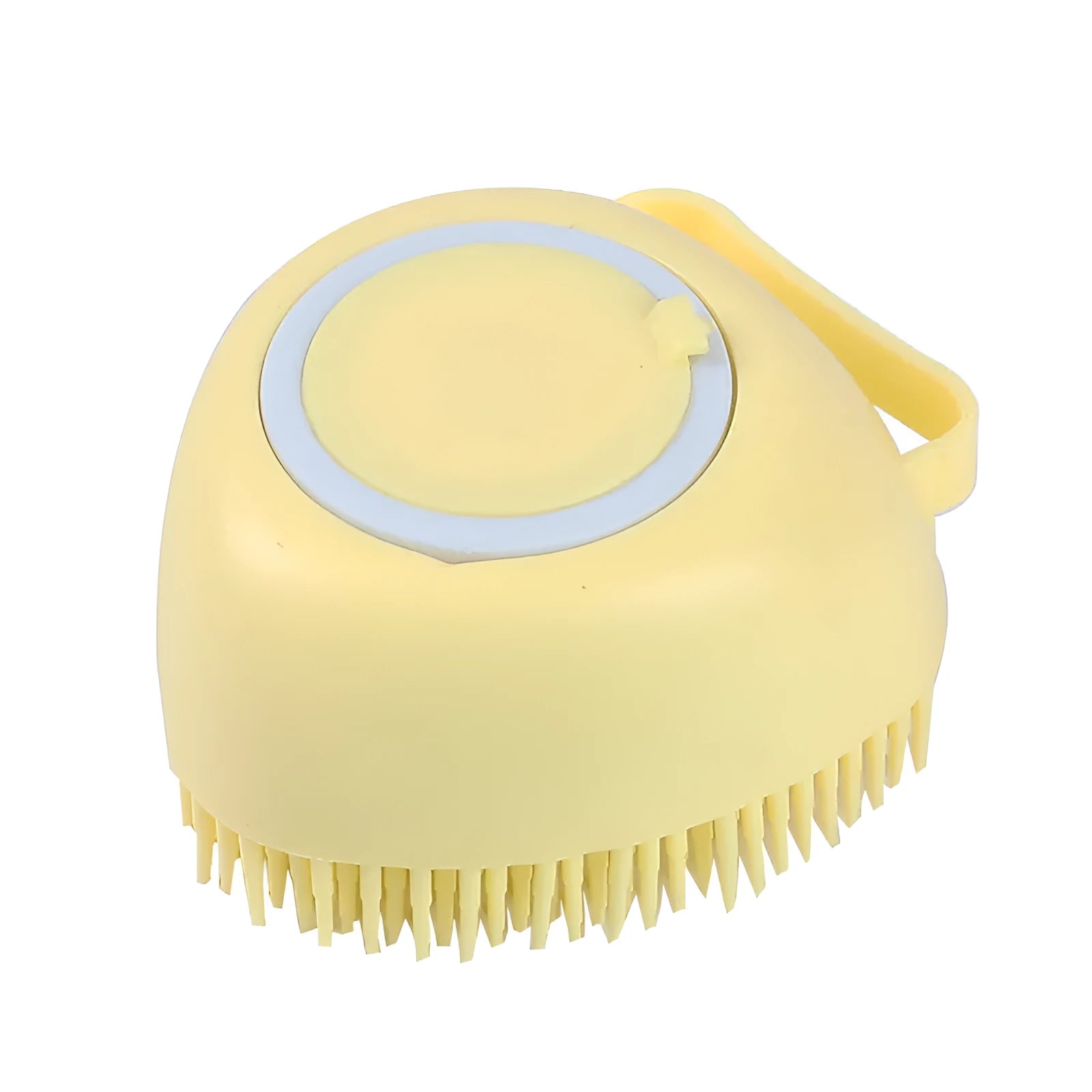 Blue silicone dog bath brush with rubber fingertips for pet grooming during bath time