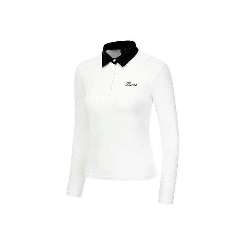 Women's white long sleeve golf top made from polyester sportswear fabric for outdoor activities