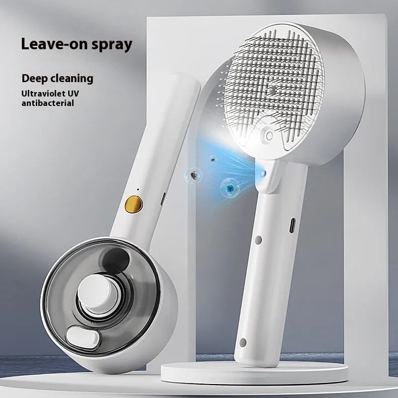 Ceramic White pet grooming brush with UVC light and spray mist function for dogs and cats.