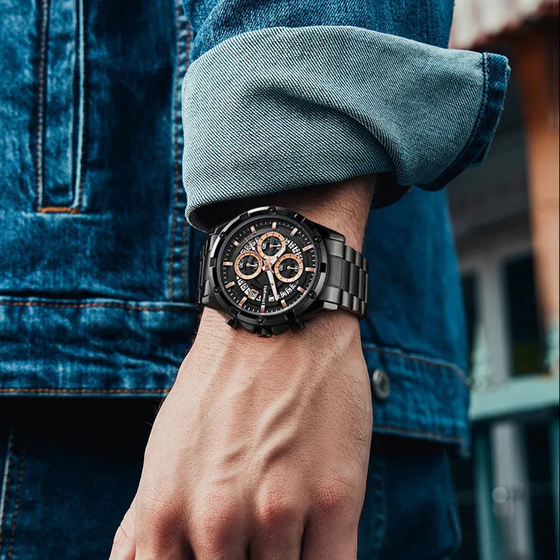 Men's waterproof luminous quartz watch with steel belt in black and blue, black and gold, or silver and white.