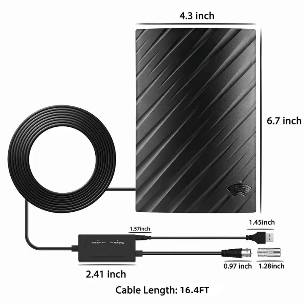 Black plastic indoor HD digital TV antenna with mounting accessories including expansion tubes and screws