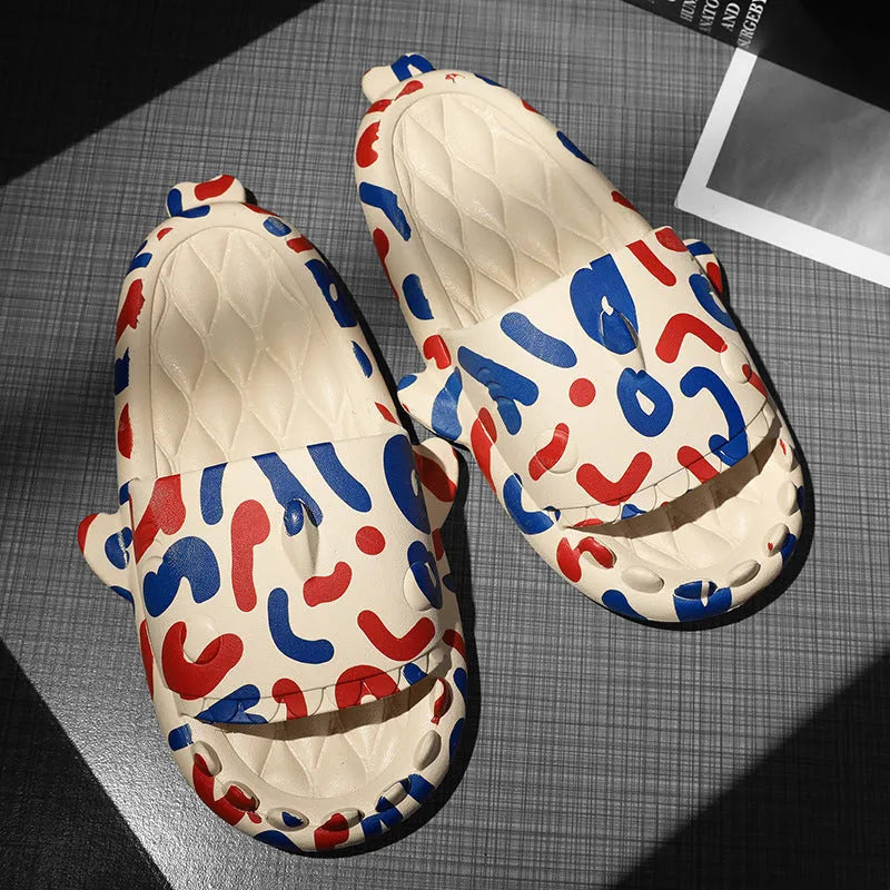 Shark design open-toe EVA home slippers for couples in beige, shown in a large size.