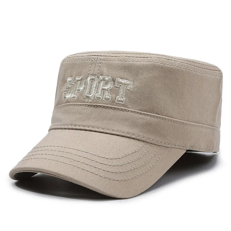 Men's cotton flat-top peaked cap in adjustable size, shown in dark blue army green colour.