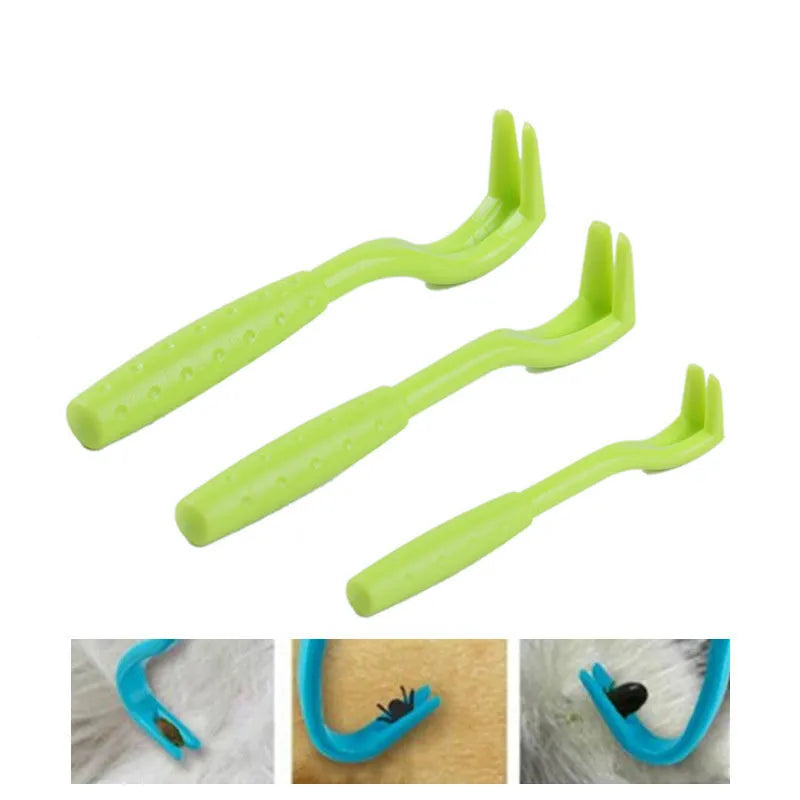 Three blue plastic pet tick removal clip tools with hook design for dogs and cats