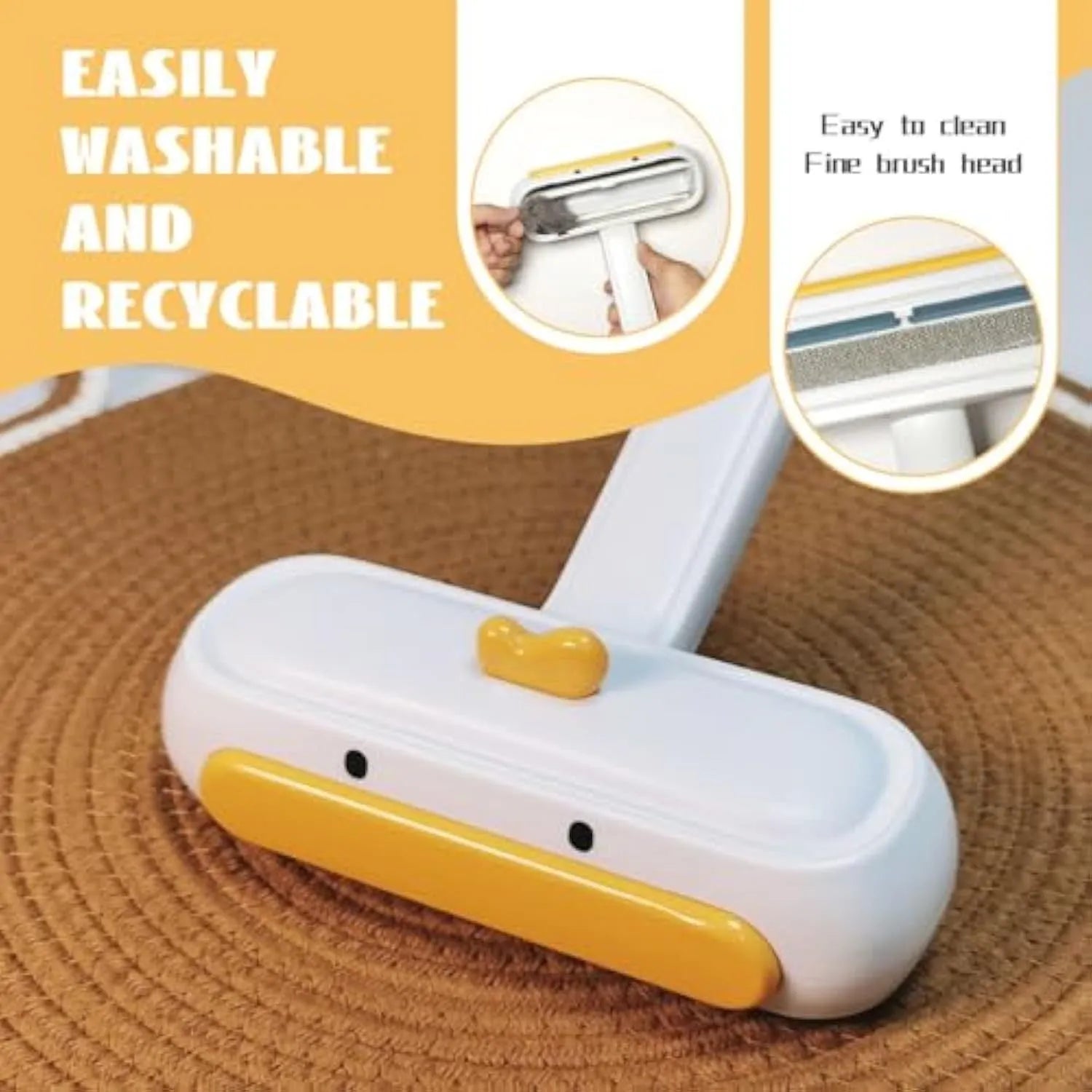 Portable yellow duck pet hair remover tool with polyester bristles for furniture and car seats.