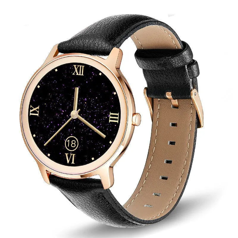 Women's smart watch with touchscreen display showing fitness metrics on silver mesh wristband