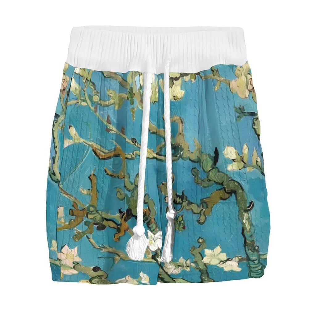 Men's peacock blue 3D printed knitted shorts and T-shirt casual suit set laid flat.