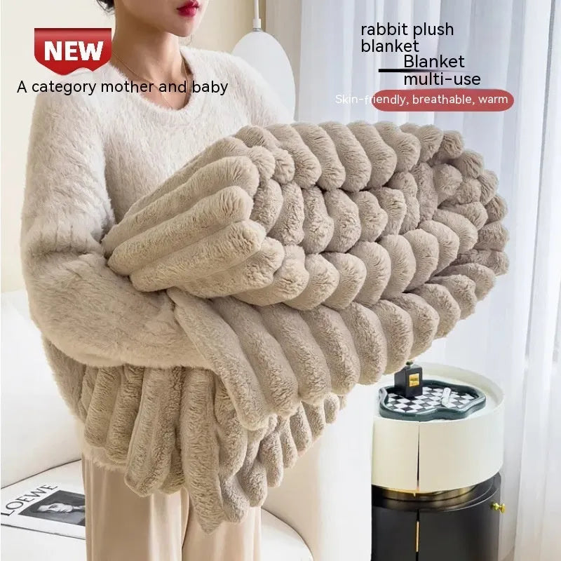 Solid colour bubble faux rabbit fur double-sided thickening blanket shown in a khaki colour
