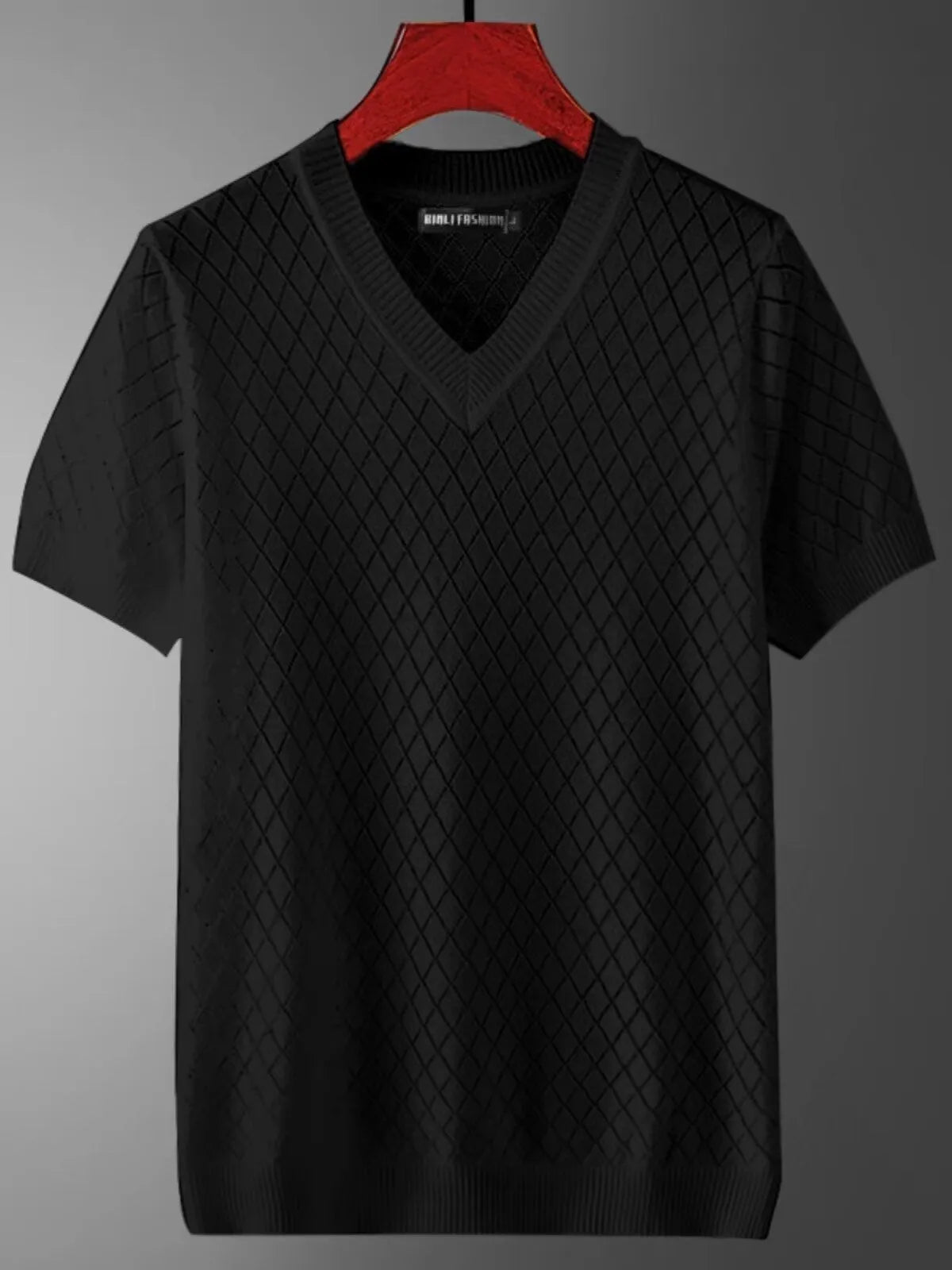 Men's black and white ice silk short sleeve t-shirt showing V-neck and round neck styles on hanger.
