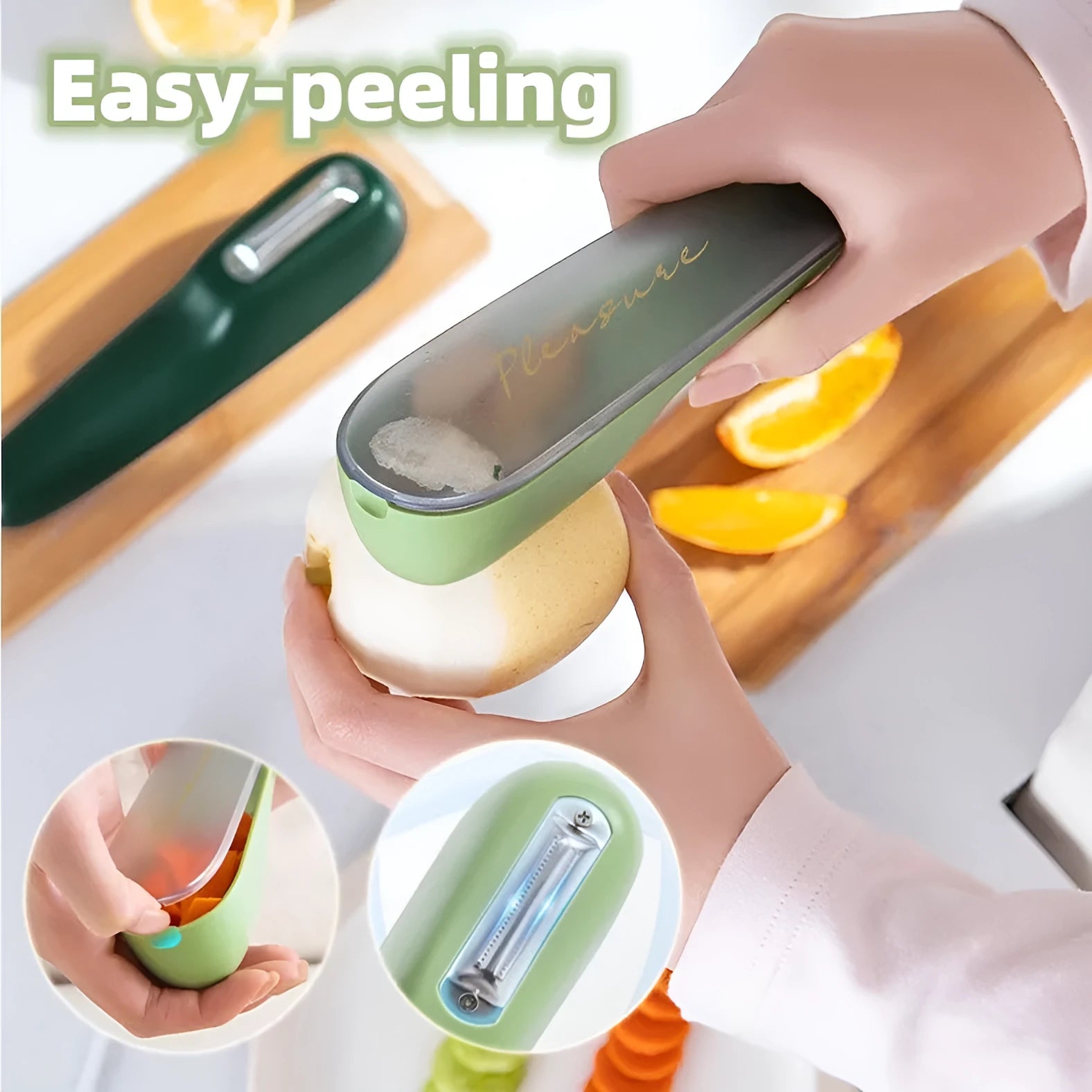 Dark green vegetable peeler with storage tube, showing stainless steel blade and hanging hole on handle.
