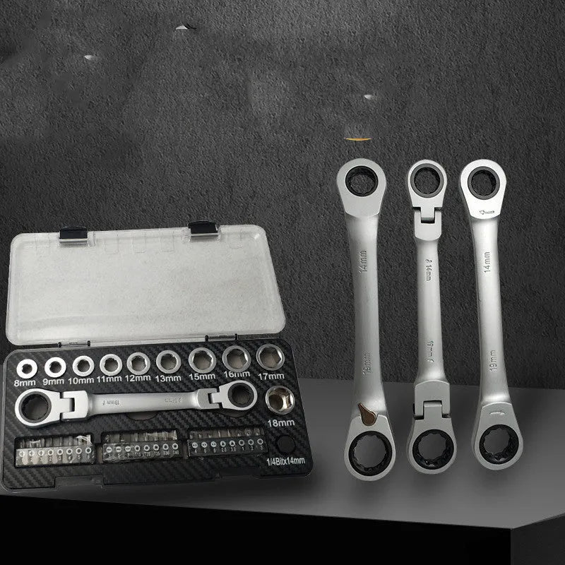 RG12110 series ratchet wrench handle with a selection of 10 socket attachments and 3 screwdriver bit heads laid out on a surface.