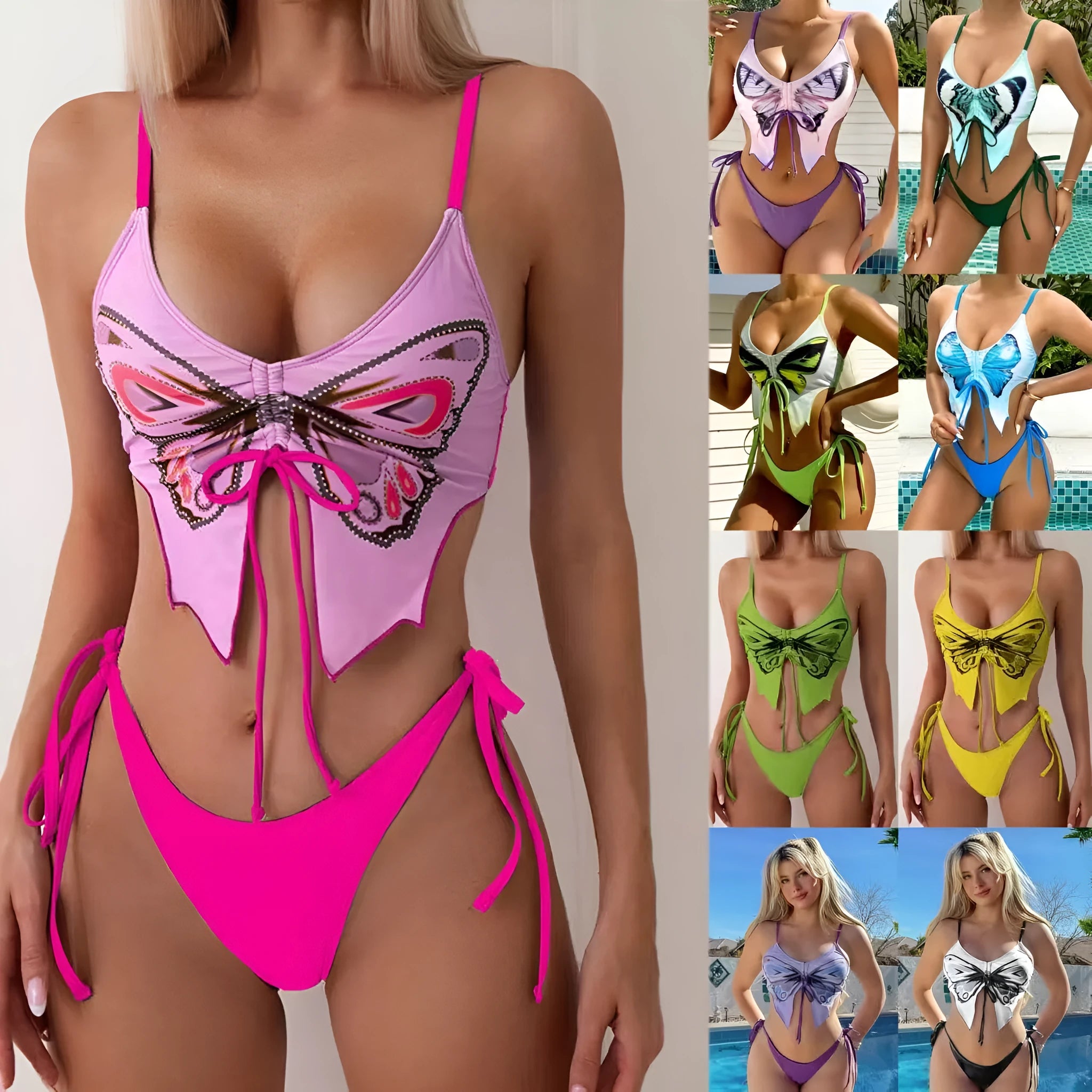 Women's purple bow style split bikini swimsuit with sleeveless top and briefs.