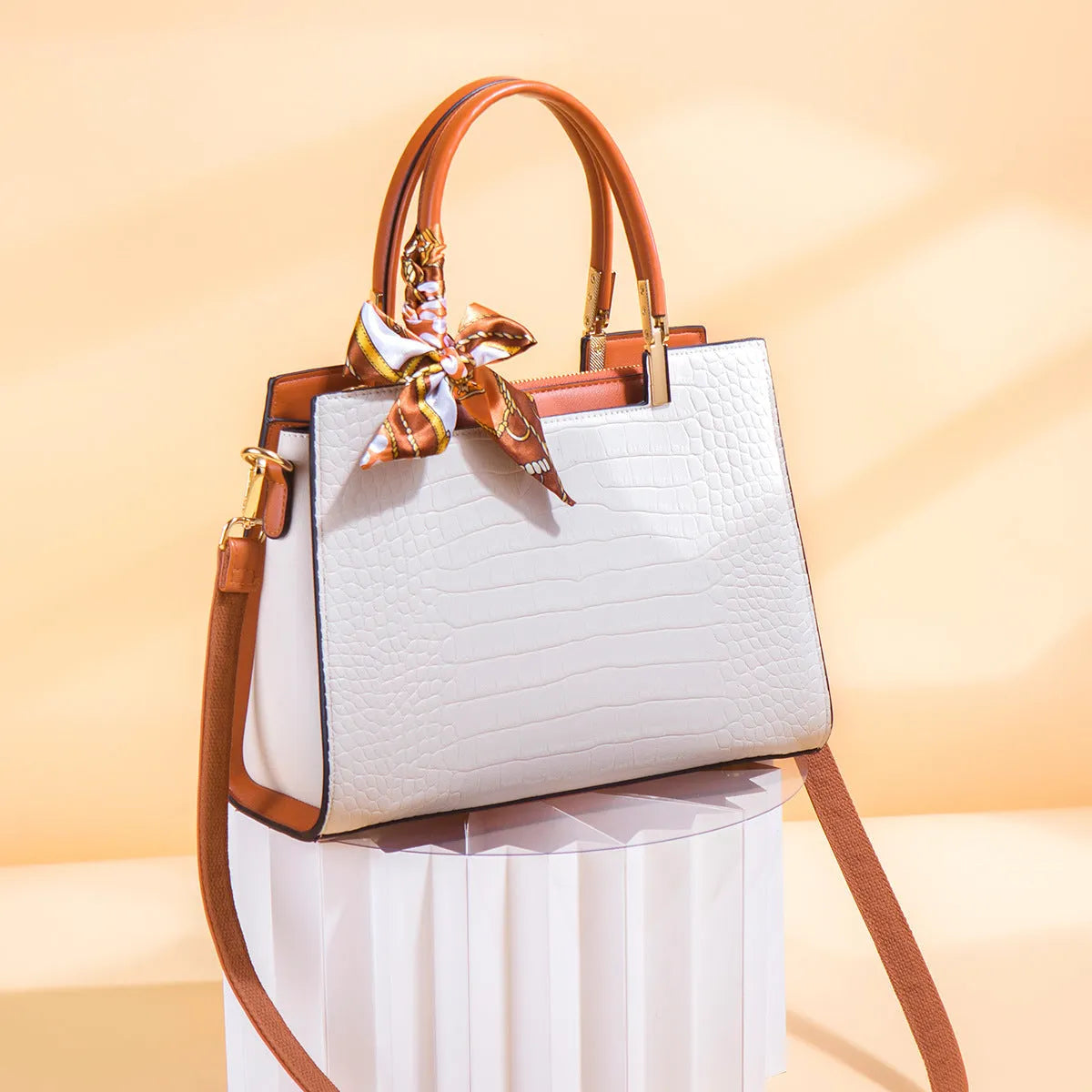Milky white women's PU shoulder handbag with horizontal square shape and multiple internal compartments