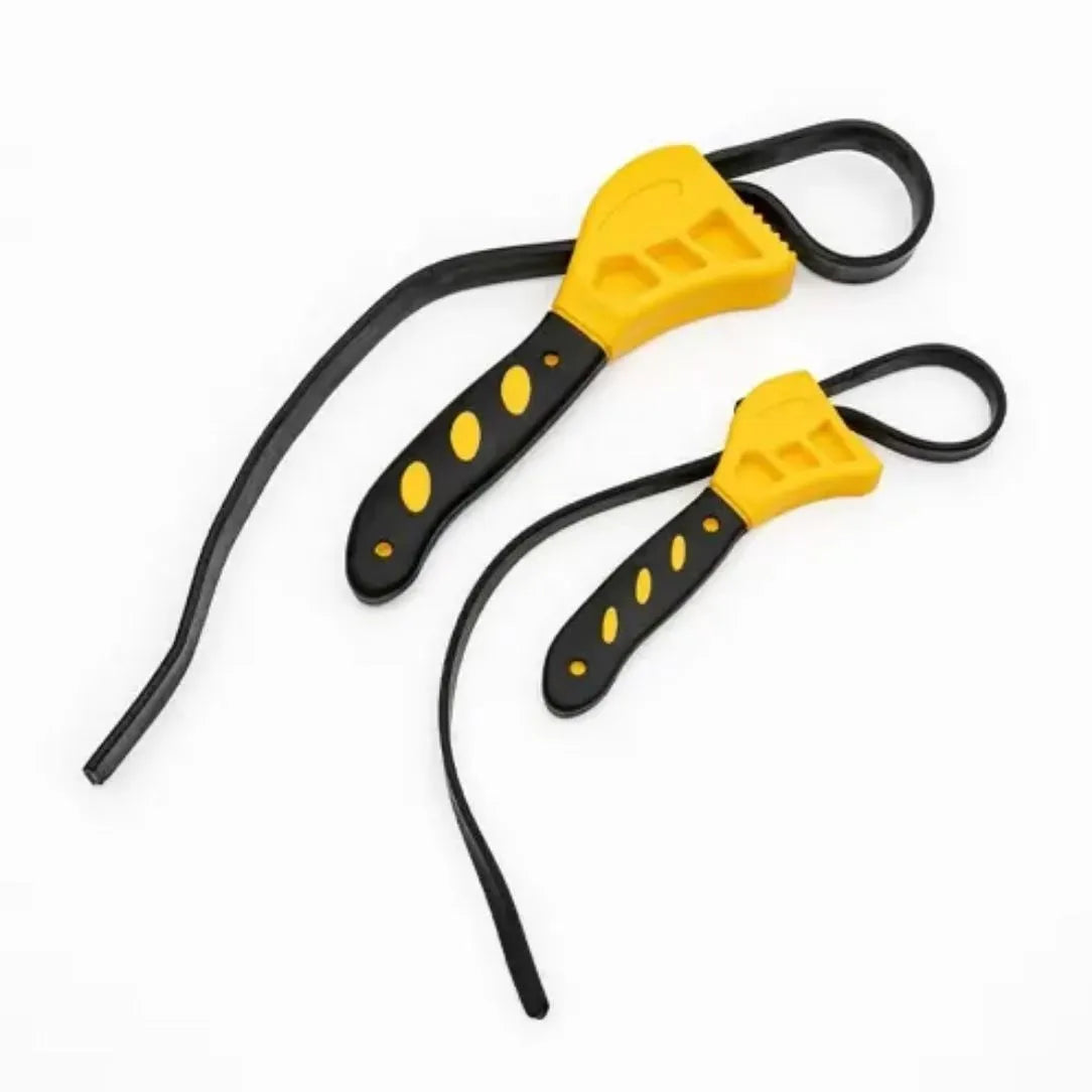 6-inch and 8-inch adjustable rubber strap wrench set with plastic rubber strap and metal handle.
