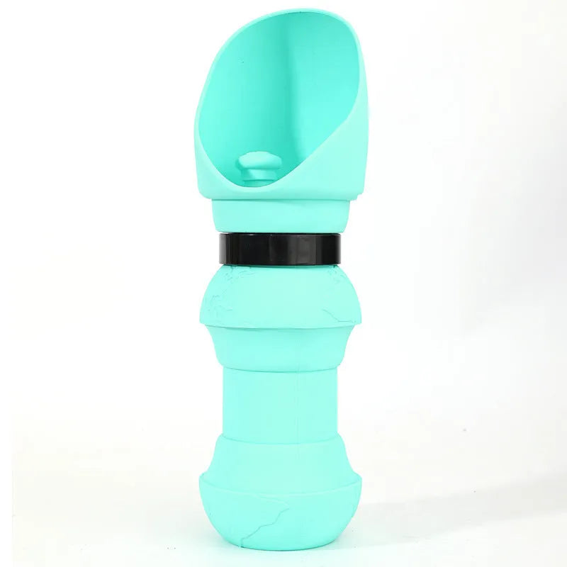 Collapsed and expanded views of a silicone folding water cup for pets in a choice of colours.