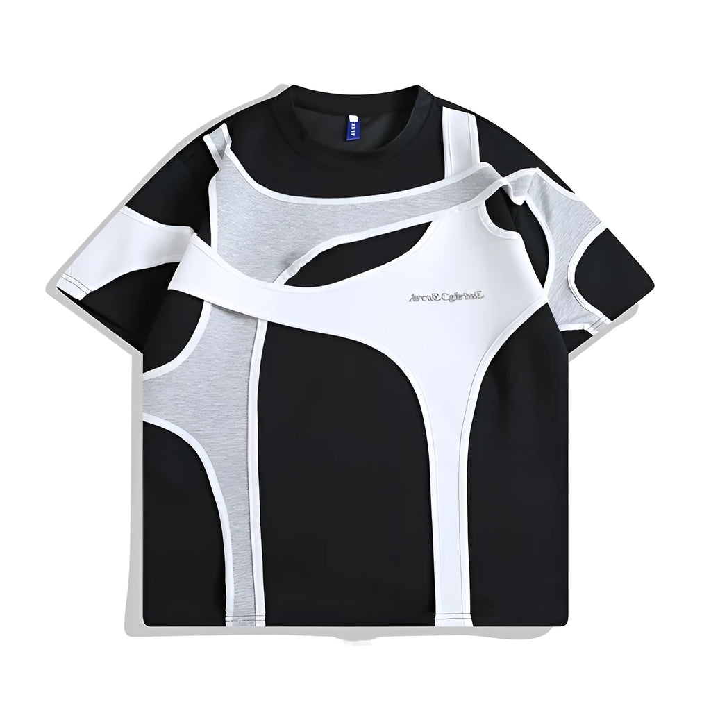 Black and white men's T-shirt with padded shoulder straps and double-layer stitching in loose fit