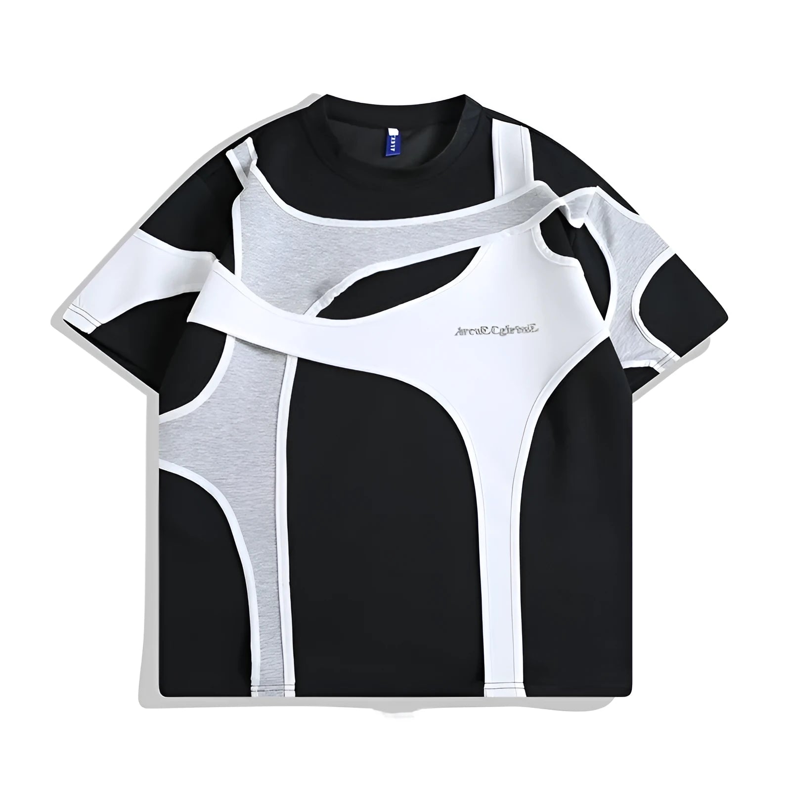 Black and white men's T-shirt with padded shoulder straps and double-layer stitching in loose fit