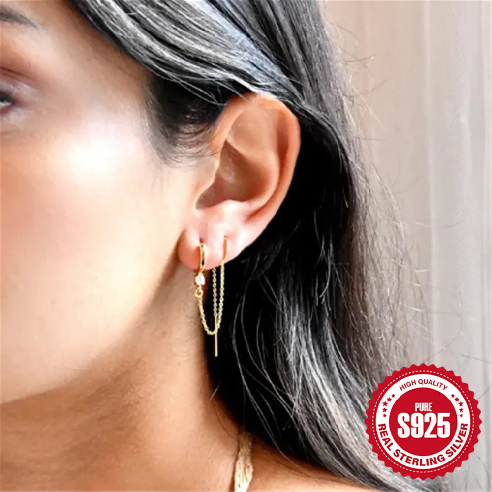 S925 sterling silver diamond flower tassel chain ear clip stud earrings in gold colour