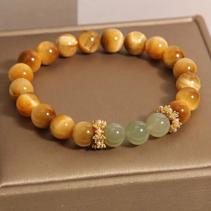 Natural yellow Tiger's Eye bracelet with Chinese auspicious patterns in U-shaped design