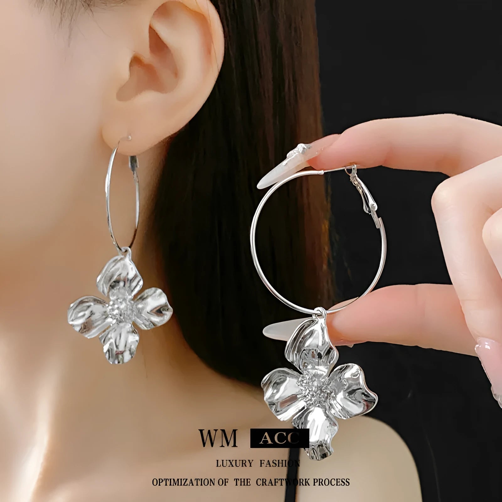 Metal flower geometric earrings with silver needle cold-processed style in gold or silver electroplated finish