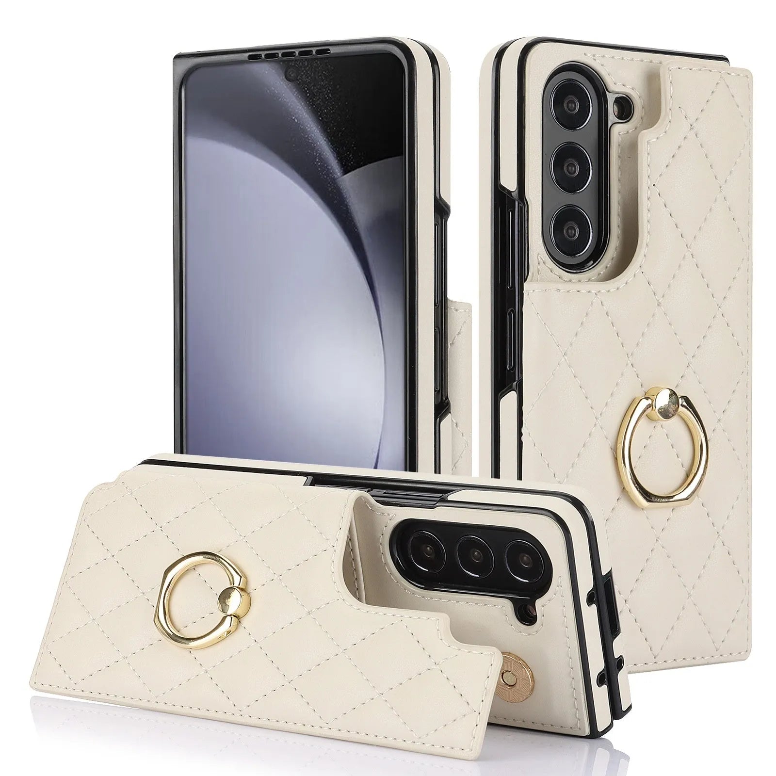 Samsung ZFold ring double buckle PU case black back cover with folding shell design