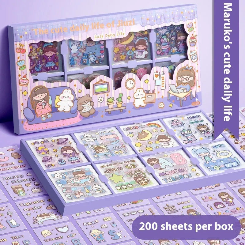 Box of children's repositionable stickers in five decorative themes for creative play