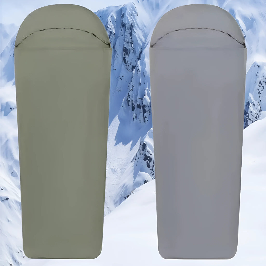 Blue mummy-style nylon sleeping bag for adult camping with dimensions 210cm x 80cm
