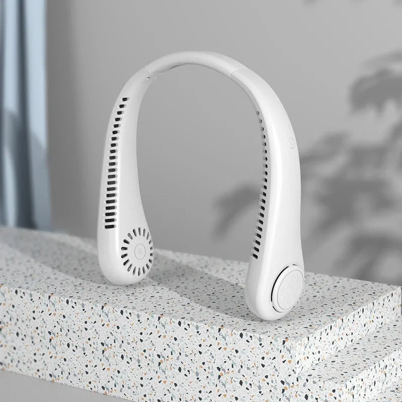 Blue USB rechargeable bladeless neck fan showing ergonomic neckband and air outlets.