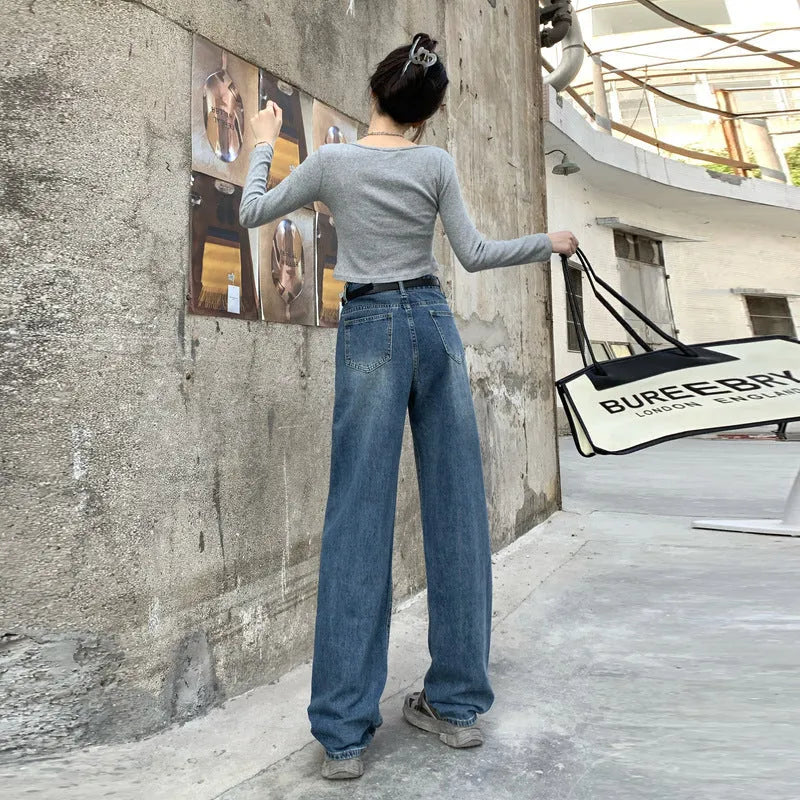 Women's straight-leg jeans in retro blue with high waist design and classic denim construction
