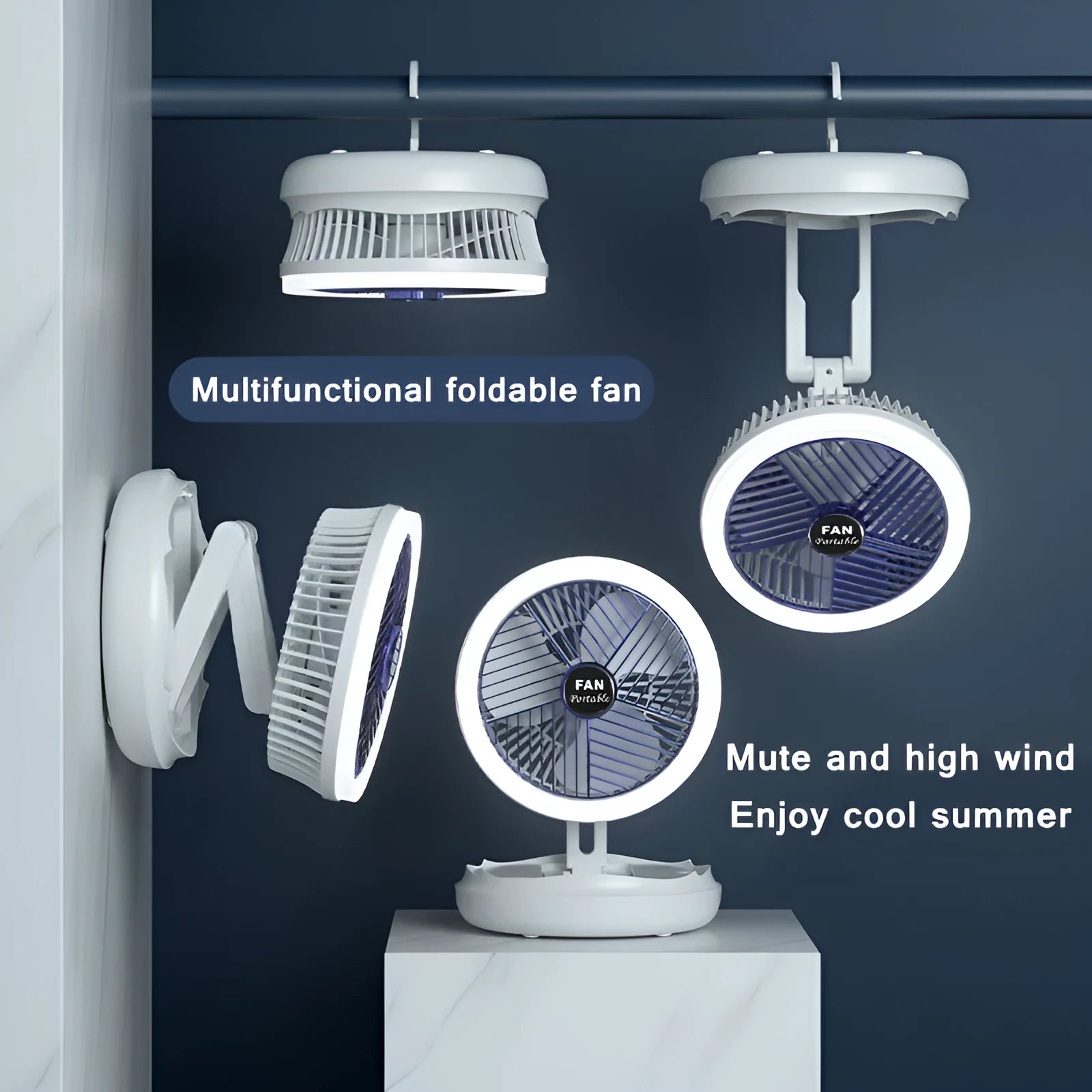 Blue or grey foldable USB desk fan with LED light showing wall mount and ceiling hanging options