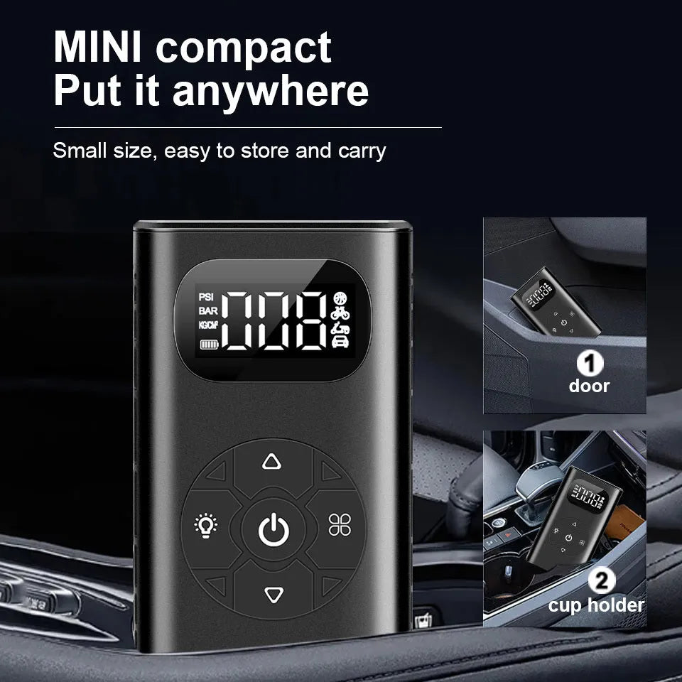 Black M09X power bank tyre inflator with USB cable and 16cm tube for car motorcycle bicycle