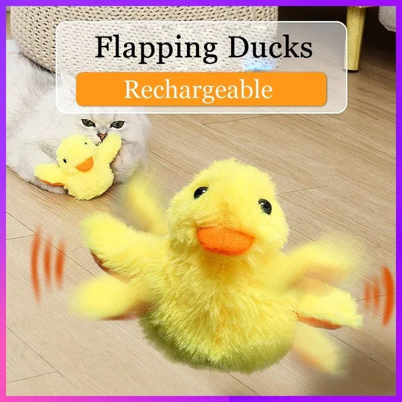 Yellow flapping duck cat toy with vibration sensor and USB-C charging port