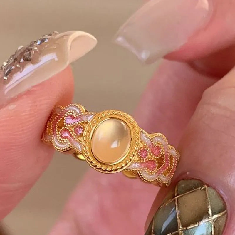 Pink crystal enamel geometric open ring with gold plating on copper base