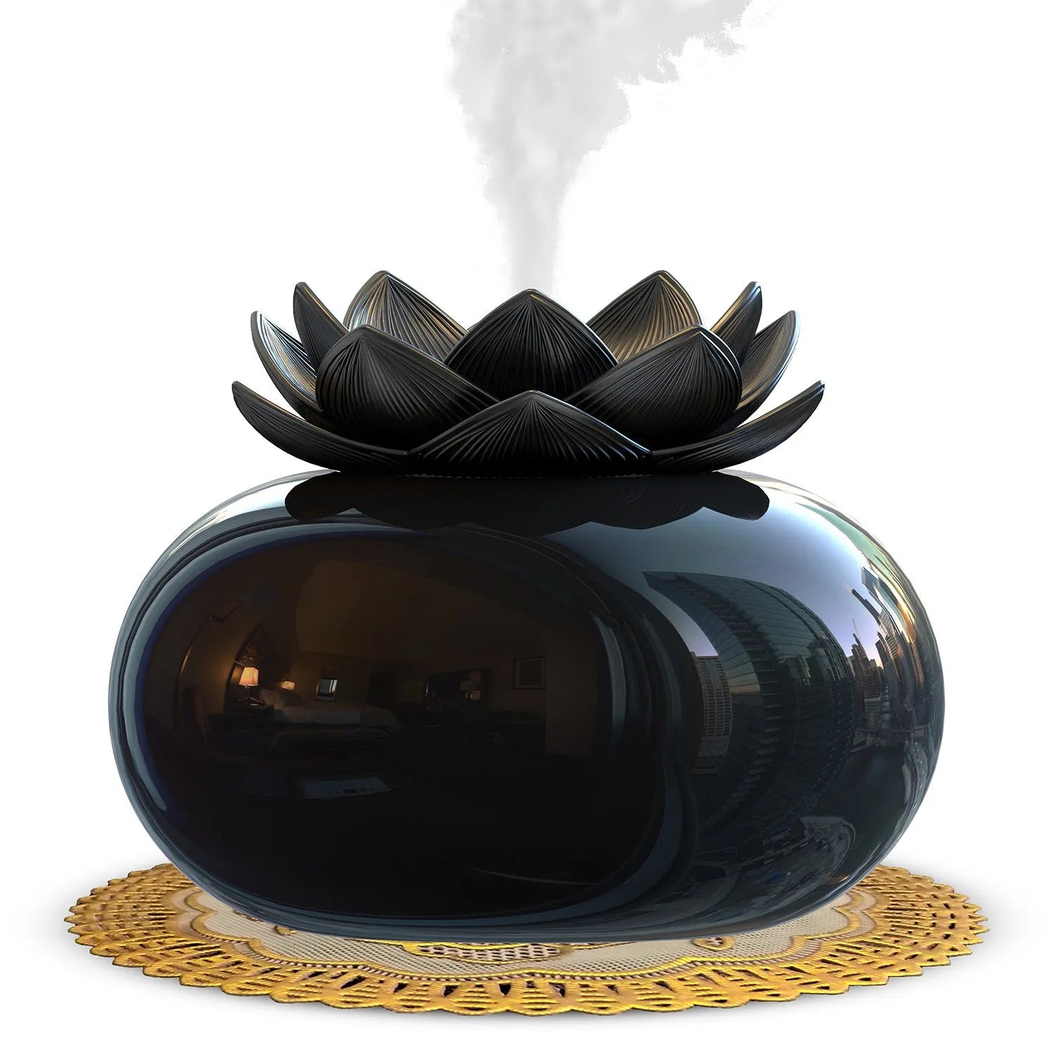 Pure black USB-powered ultrasonic aromatherapy humidifier with ceramic lotus design